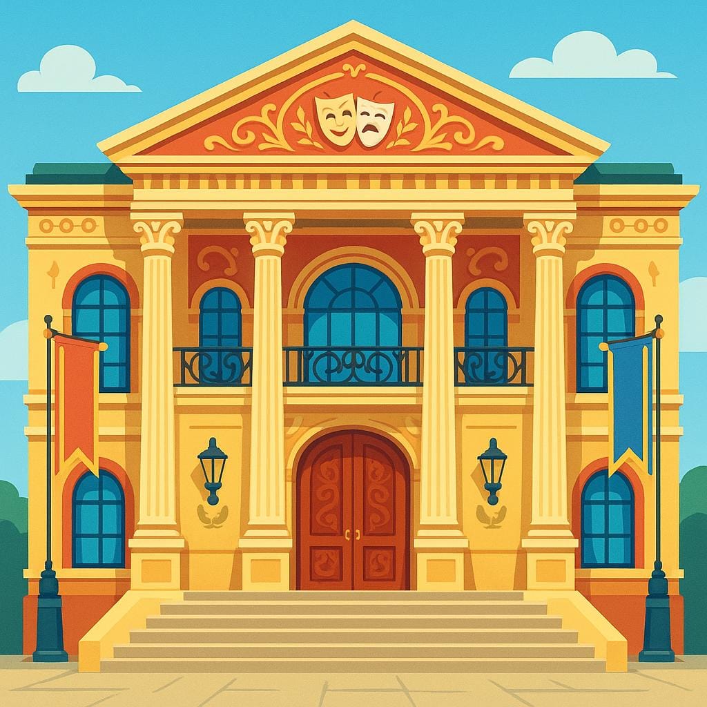 A grand, ornate European theater building facade with large columns and a central entrance, lit brightly.