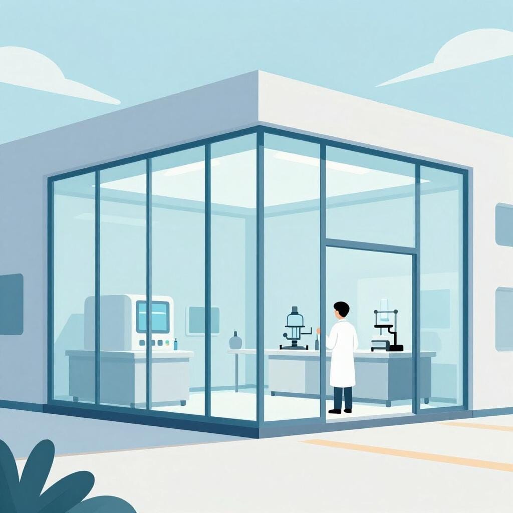 Um edifício elegante e moderno com grandes janelas de vidro, sugerindo um centro de pesquisa ou tecnológico especializado. Um cientista de jaleco branco é visível lá dentro através de uma janela, olhando para equipamentos complexos.