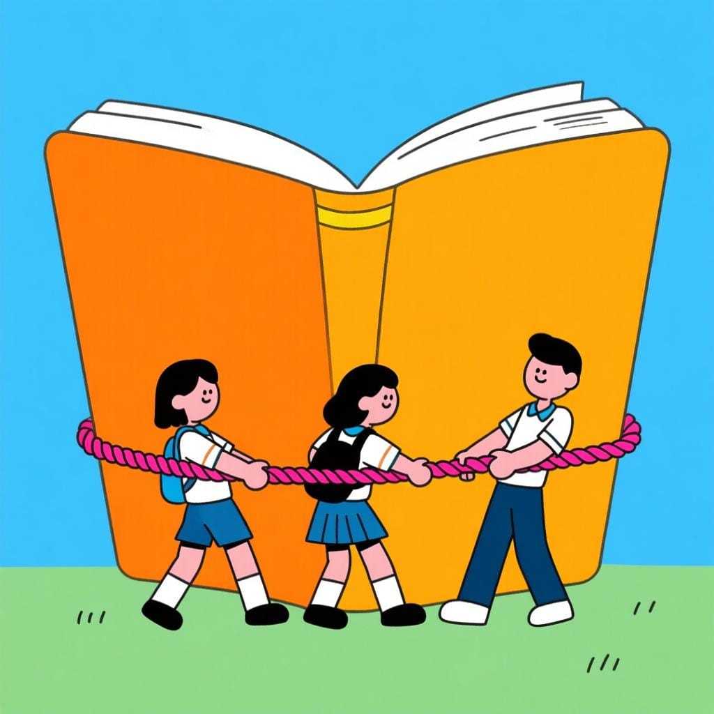 Three cartoon students being gently pulled toward a large open book by a thick rope, symbolizing obligation.
