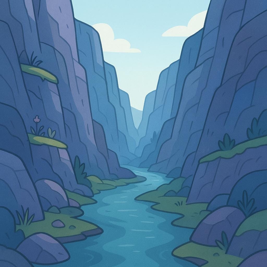 A landscape illustration depicting a deep, narrow gorge with steep rocky walls on both sides and a small river flowing through the base.