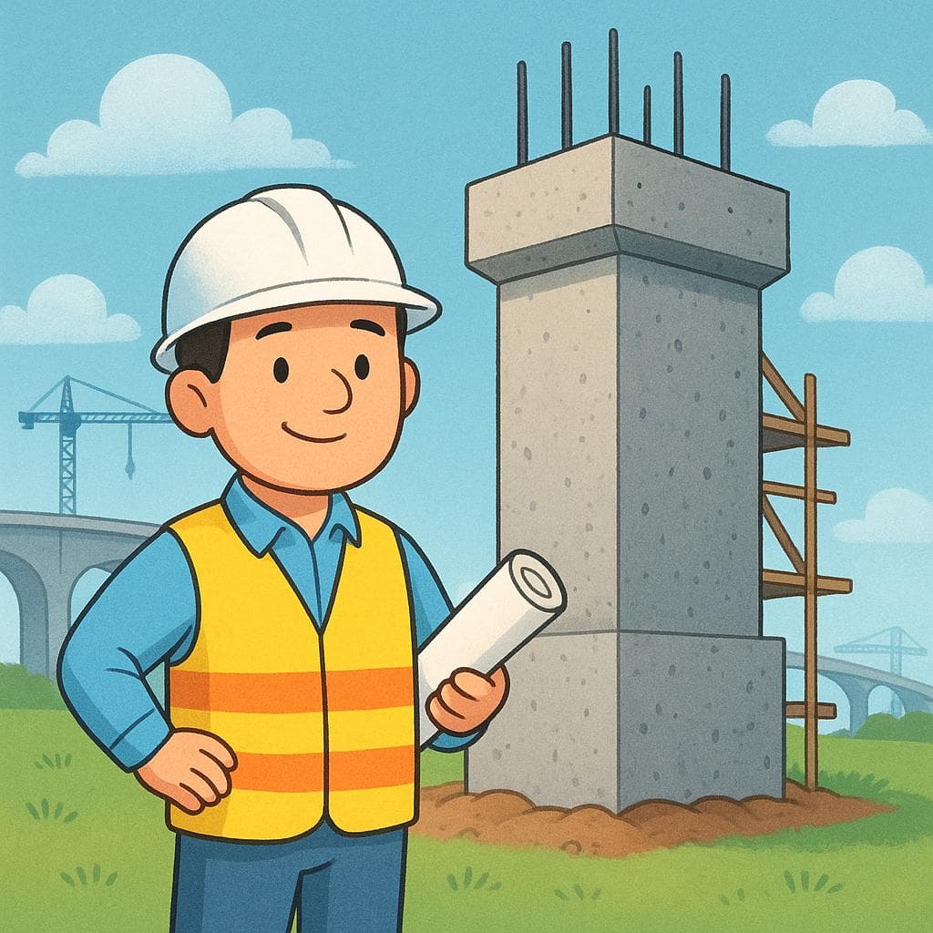Eine Illustration eines Ingenieurs mit Schutzhelm, der einen zusammengerollten Bauplan hält und selbstbewusst neben dem Betonfundament einer großen Brücke oder eines im Bau befindlichen Gebäudes steht.