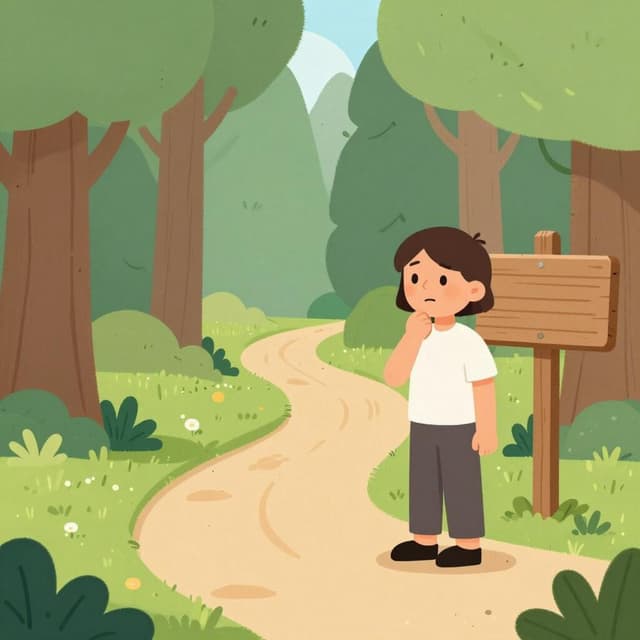 A person standing at a crossroad in a forest looking confused at a blank signpost.