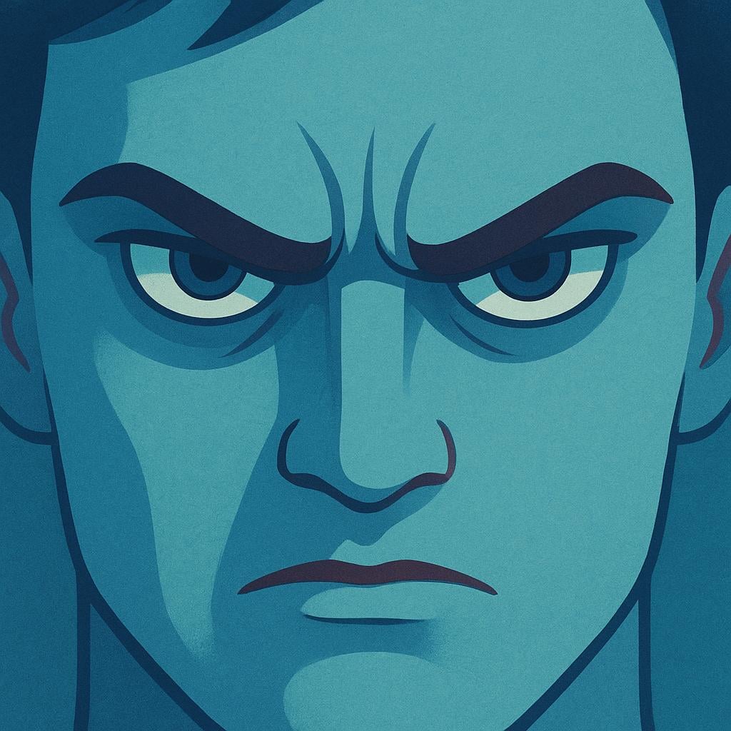 A close-up illustration of a person's face with intensely narrowed, chilling eyes, illustrating a murderous gaze.