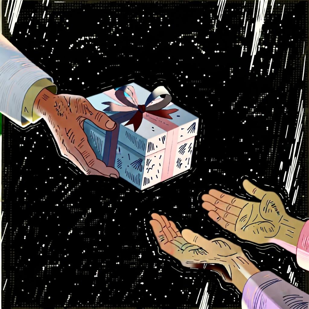 A hand giving a wrapped gift to another hand, showing who the gift is intended for.