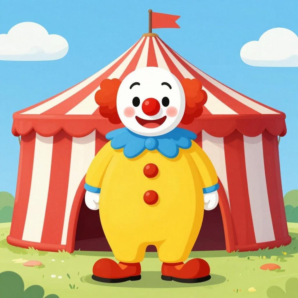 A friendly circus clown with a round red nose and a colorful, oversized suit.