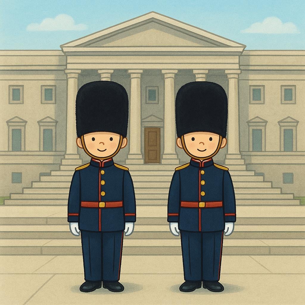 Two soldiers wearing elaborate, matching ceremonial uniforms standing at attention in front of a grand stone building.