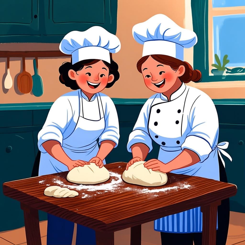 Two smiling bakers kneading dough and shaping loaves of bread on a wooden table in a warm kitchen, representing the act of creation.