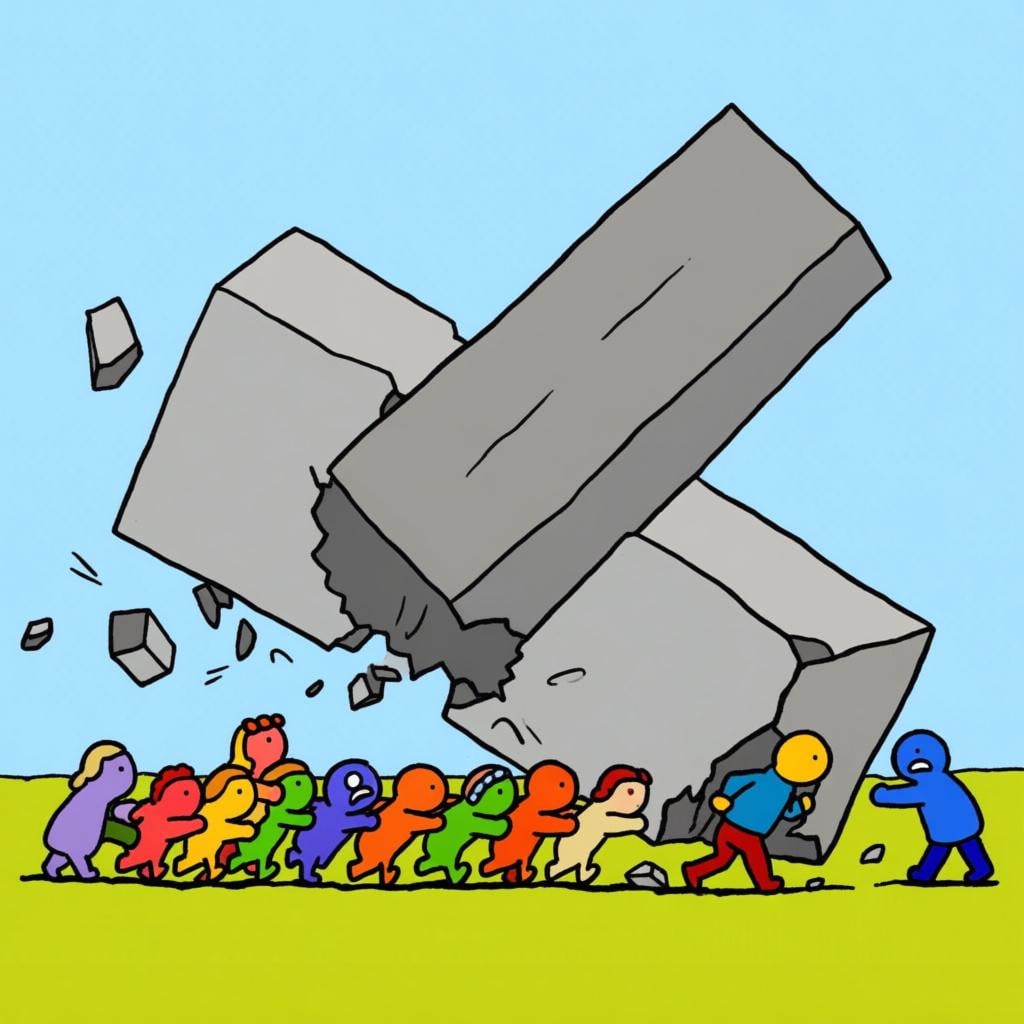 A line of small, determined figures forcefully pushing a large, imposing gray rectangular block, causing the block to visibly fall down and collapse.