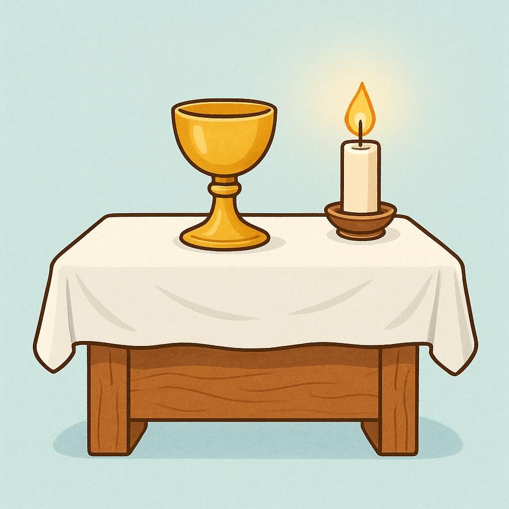 A simple wooden altar covered with a white cloth. On the altar sits a golden chalice and a single lit candle, representing the religious service.