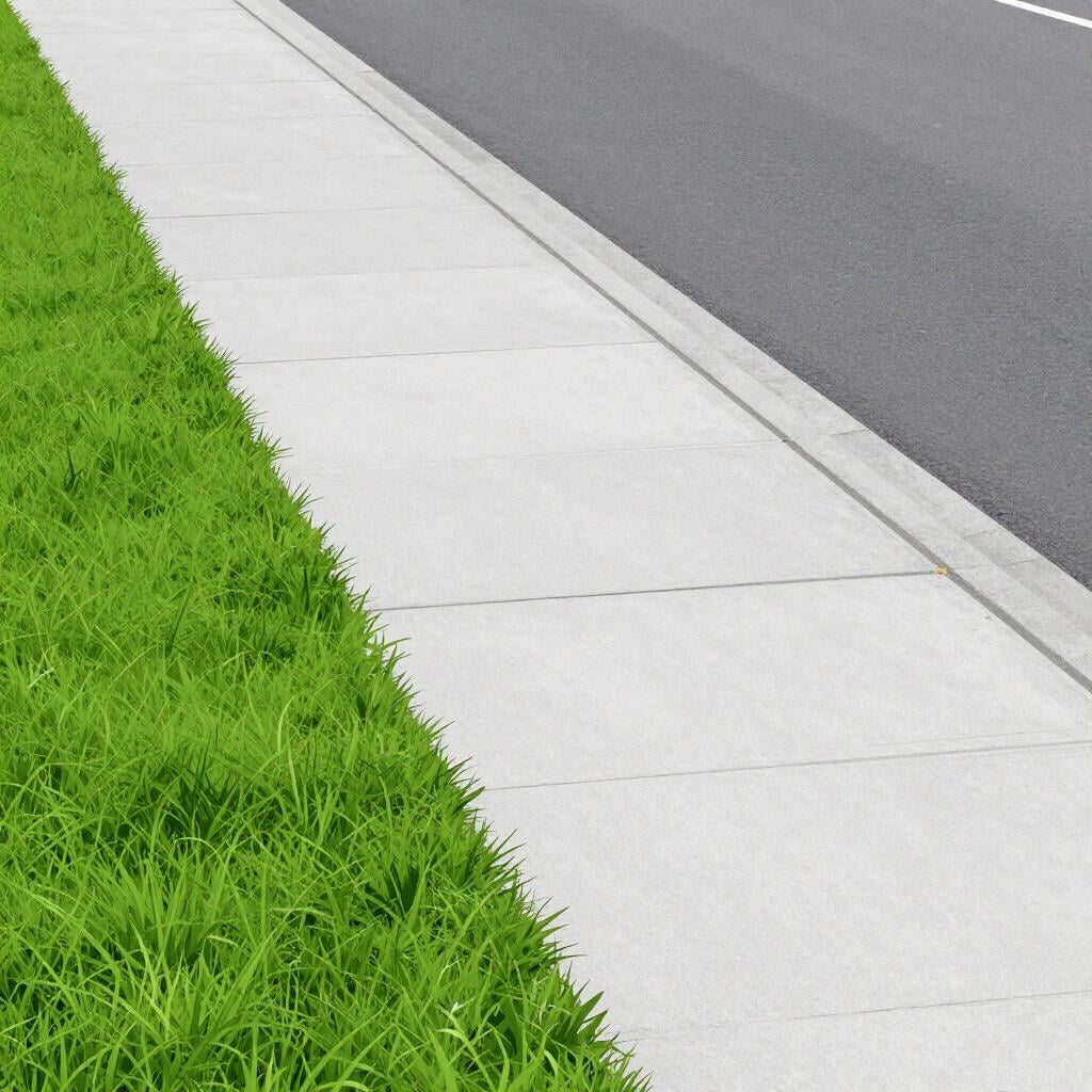 A clean, gray concrete path running alongside a green lawn and a quiet street.