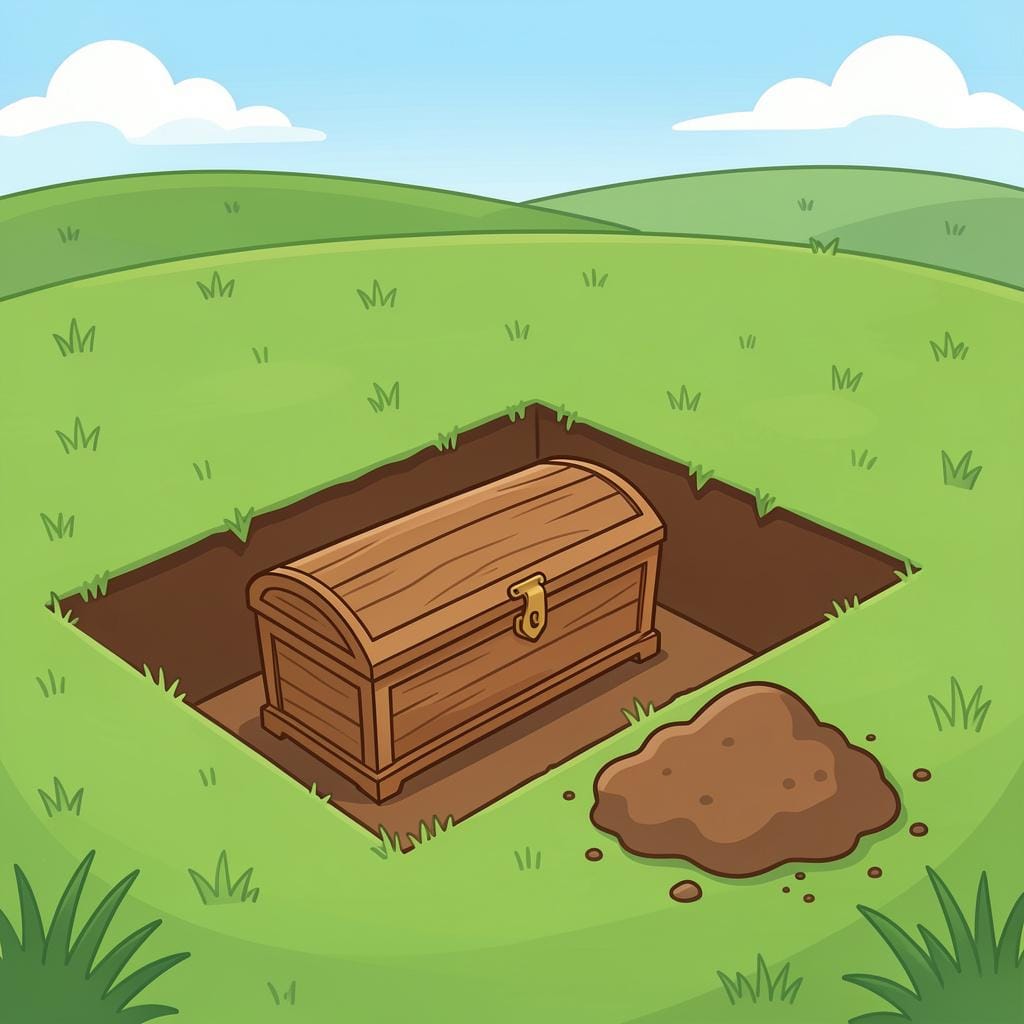 A wooden casket being lowered into a rectangular hole in a green grassy field.