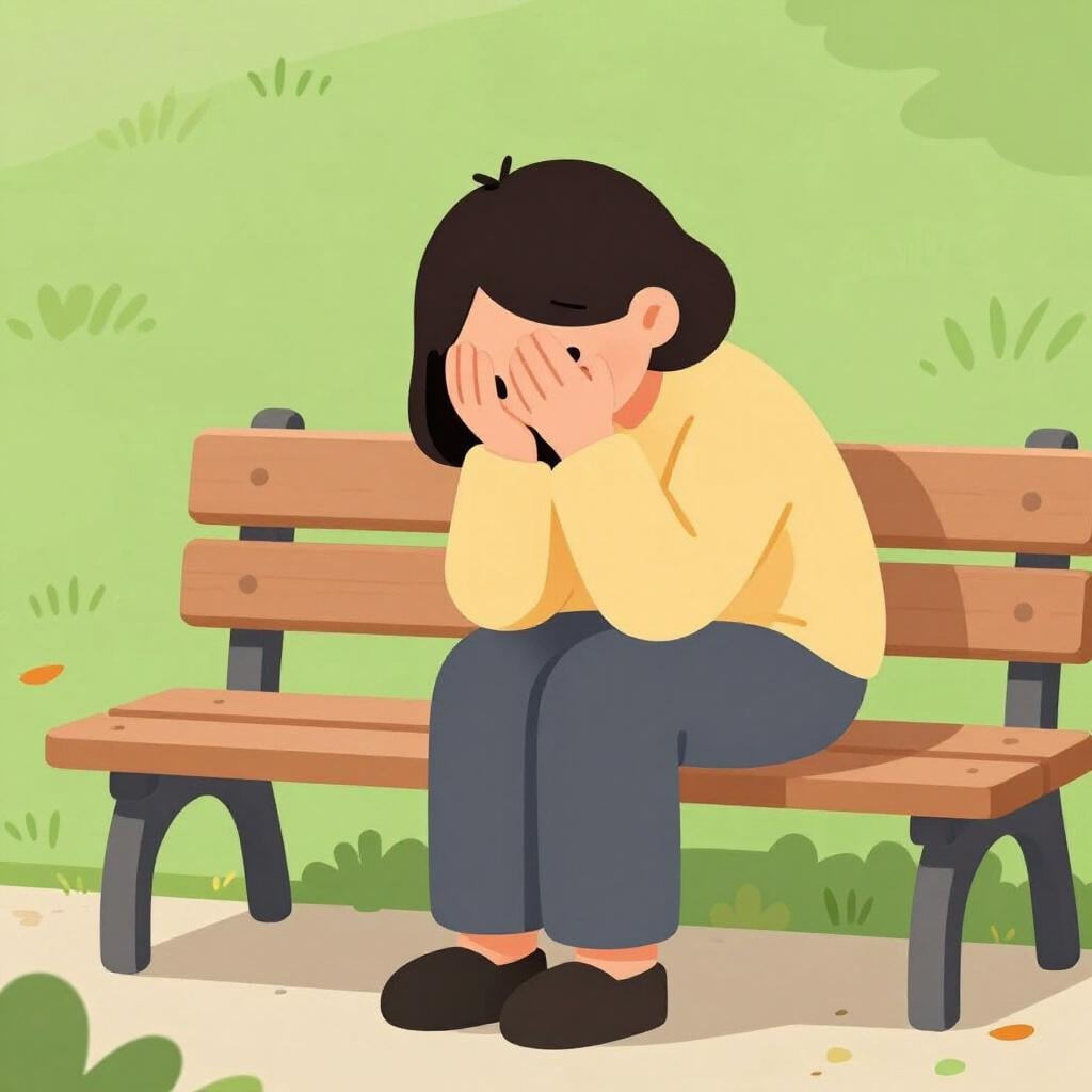 A person sitting on a park bench looking very sad with their head in their hands.