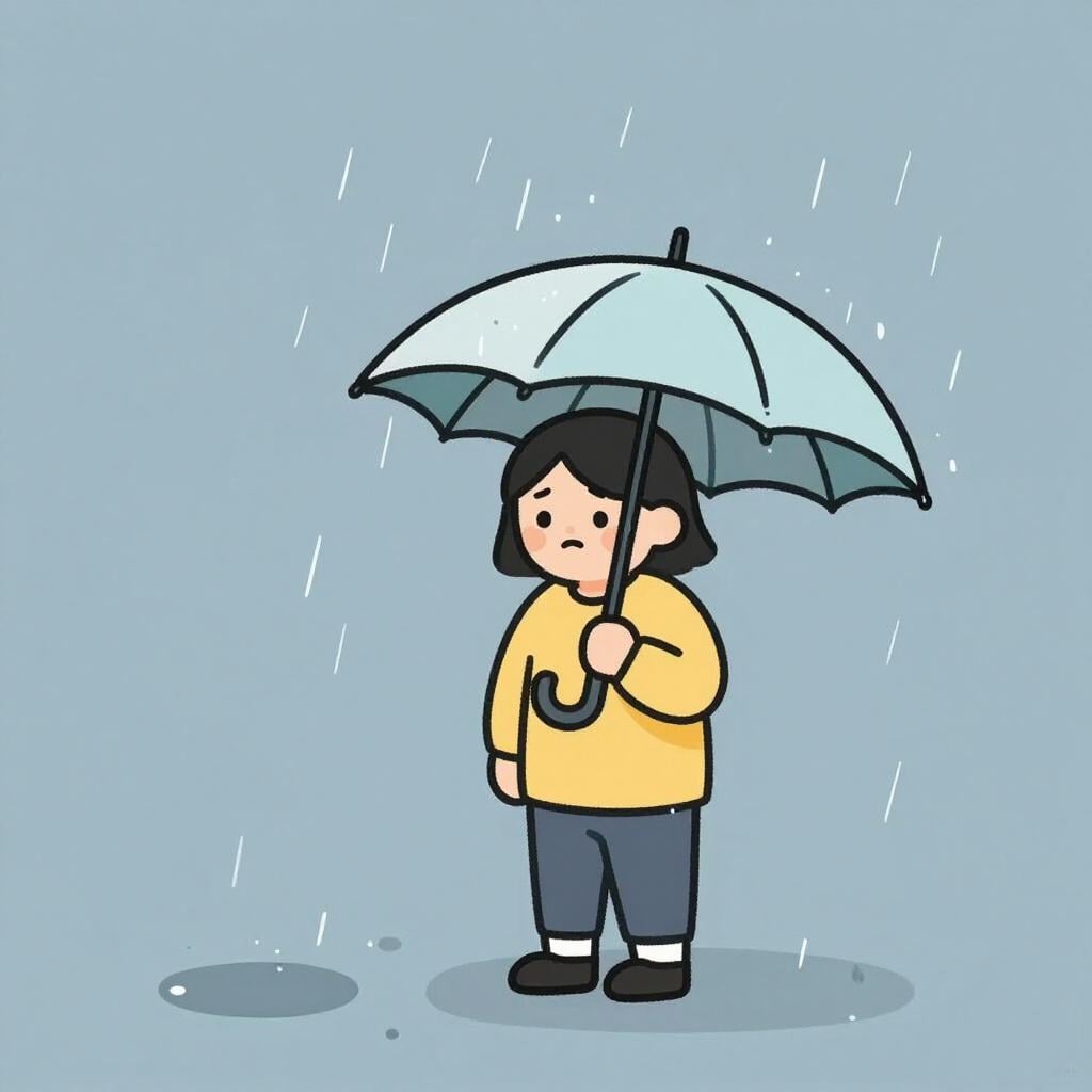 A person standing in the rain with a broken umbrella, looking unlucky.