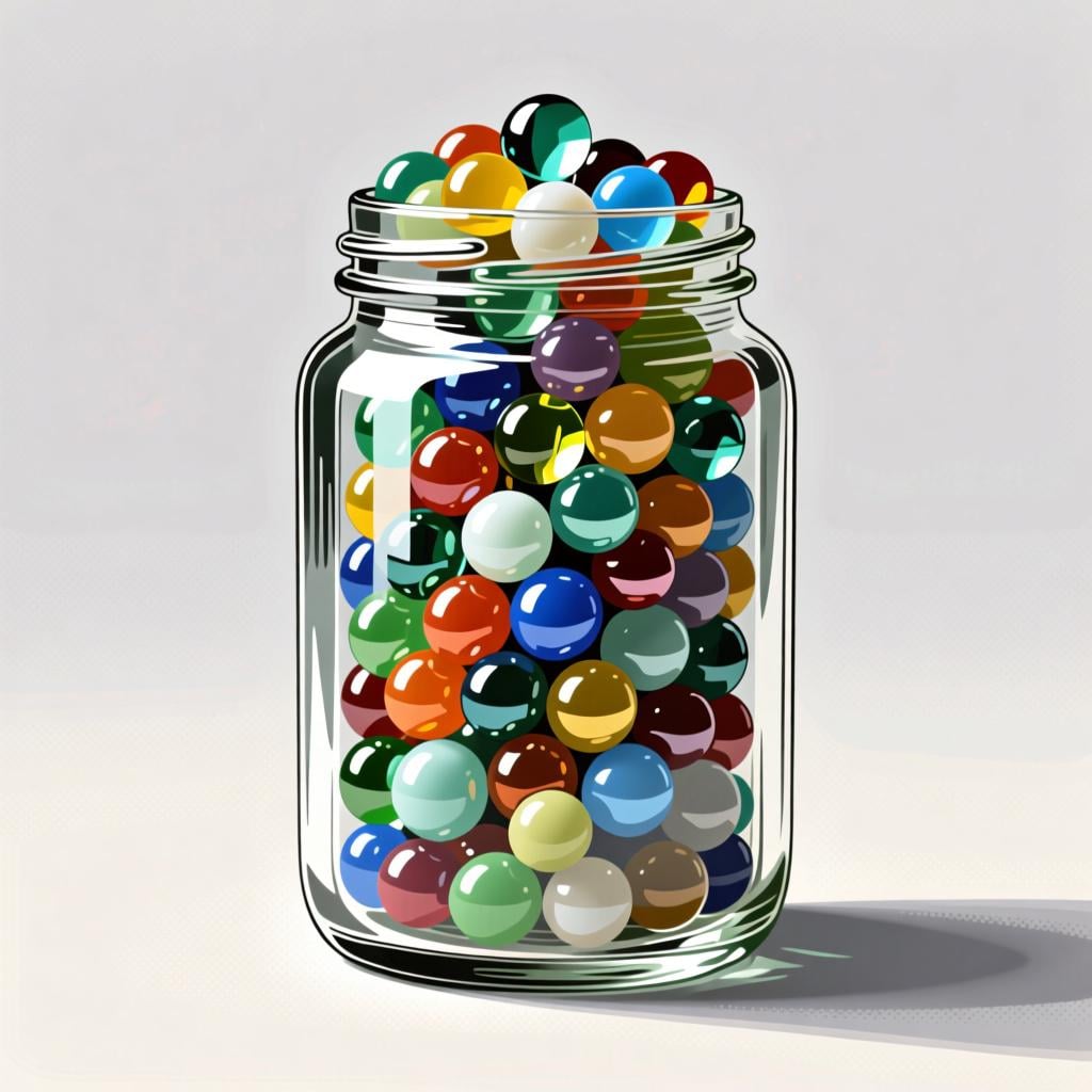 A transparent glass jar completely filled to the top with colorful, smooth marbles.