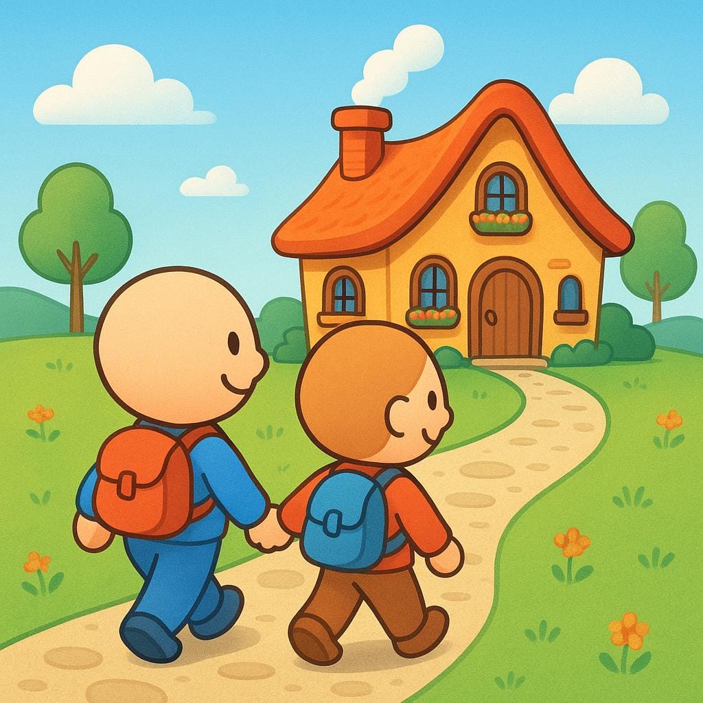 2つの小さな簡略化された人物が、明るく照らされた居心地の良い絵本のような家に向かって、楽しそうに道を歩いている後ろ姿で描かれており、「家に帰る」という意味を象徴しています。