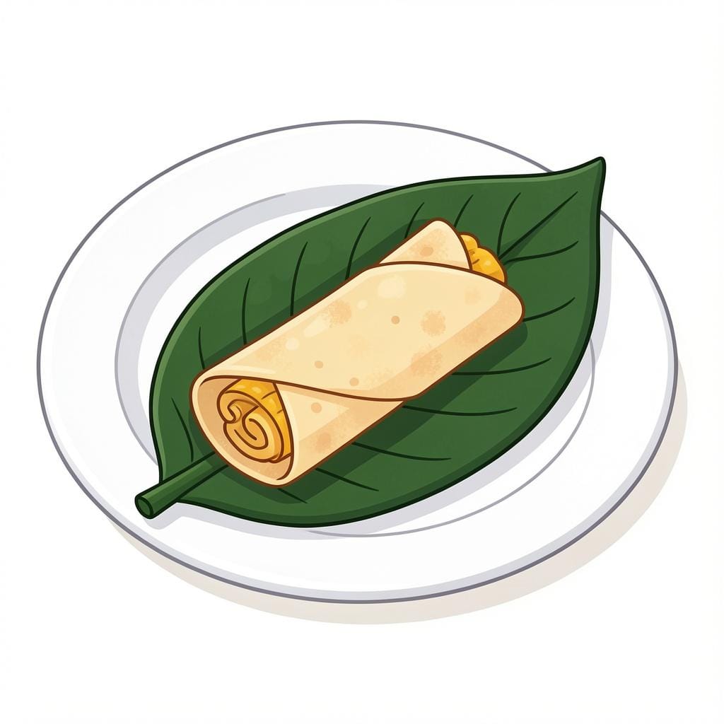 A traditional corn tamale wrapped in a green plantain leaf on a simple plate.