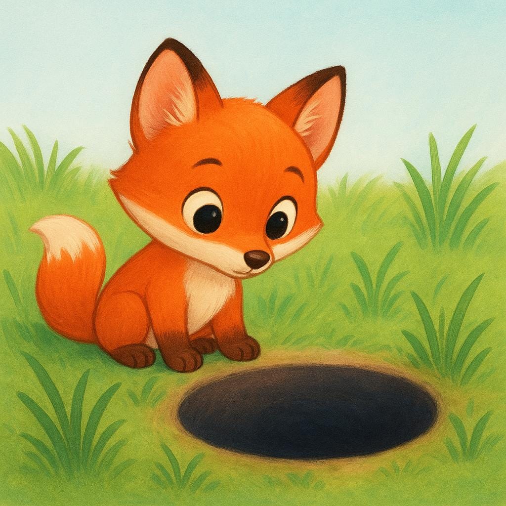 A small, wide-eyed fox cub peering intently into a dark hole in the ground, showing curiosity.