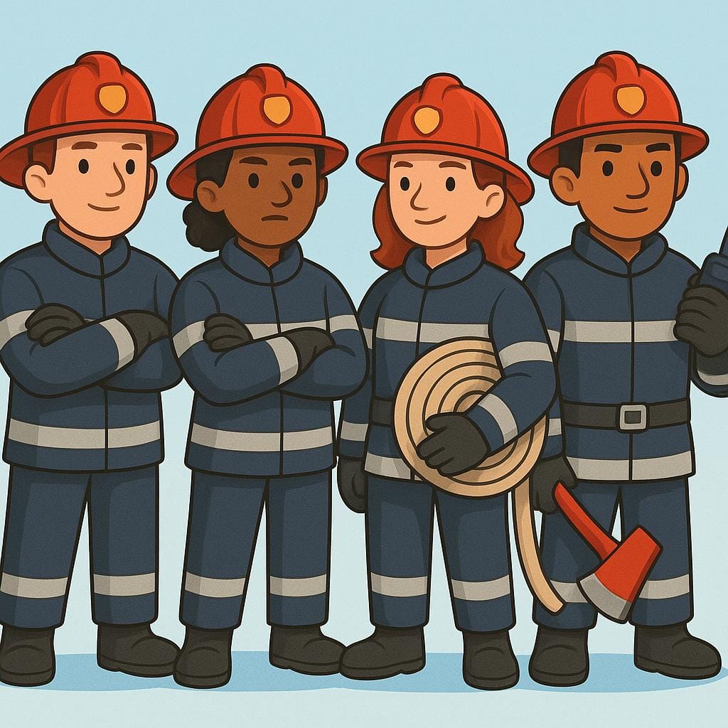 An illustration showing four cartoon firefighters in full red and yellow gear, standing side-by-side in a determined pose, representing a fire unit.