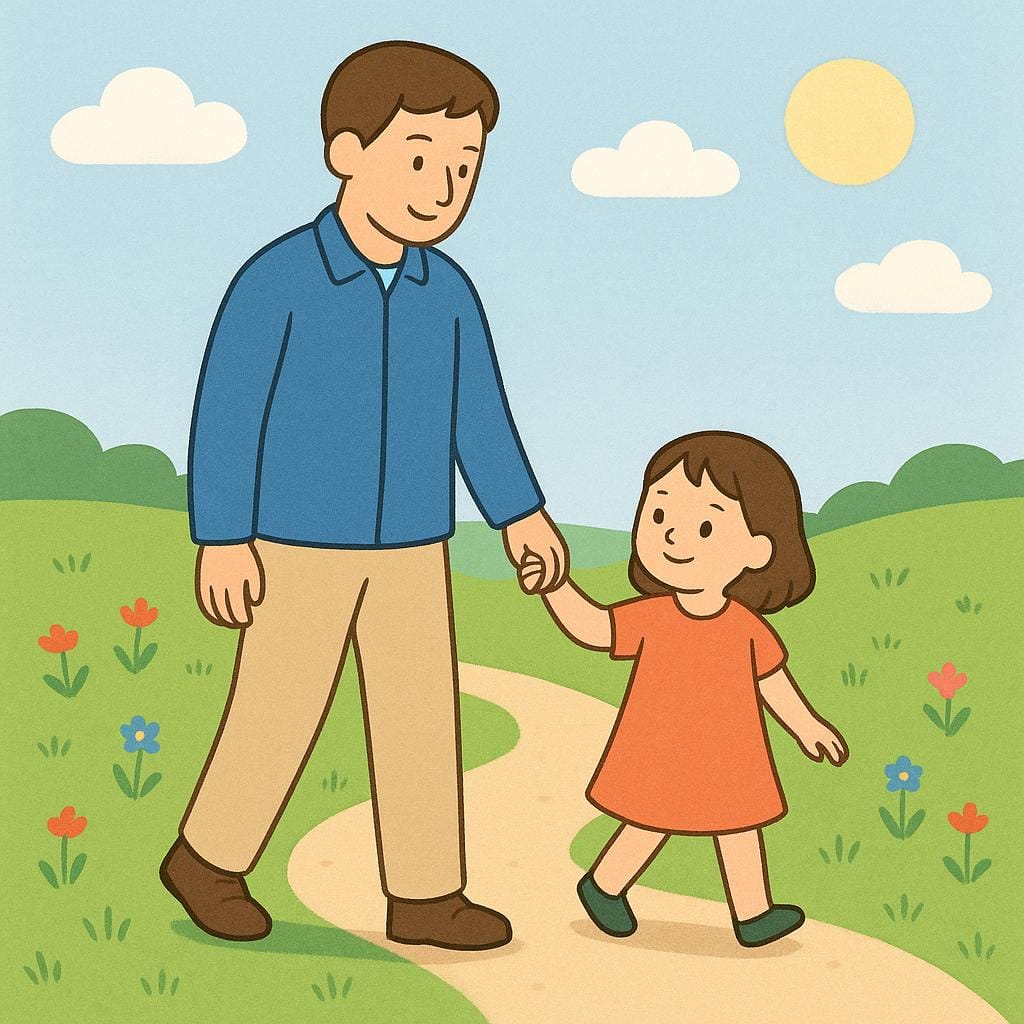 Une illustration colorée représentant une grande figure adulte tenant la main d'un petit enfant alors qu'ils marchent ensemble sur un chemin herbeux et ensoleillé, symbolisant le guidage et l'éducation.