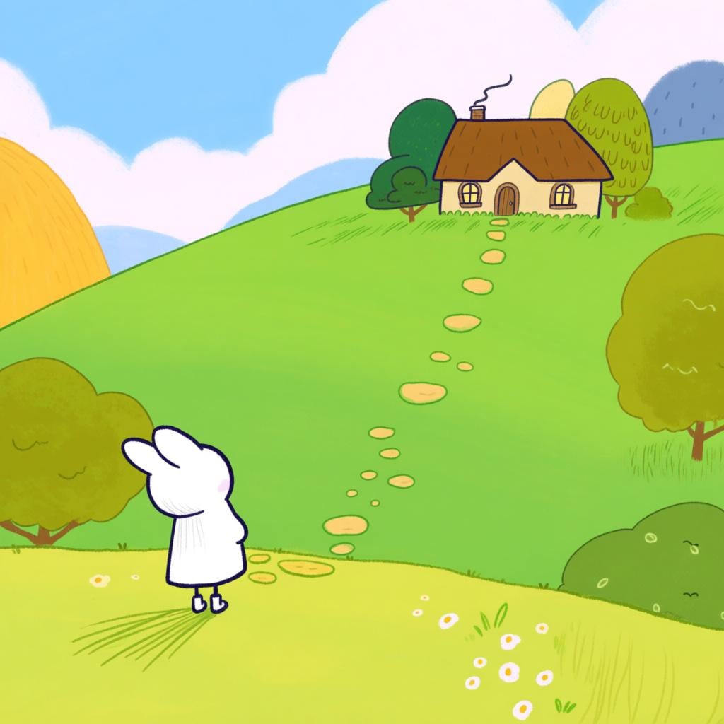 A friendly character standing at the beginning of a winding path, gazing toward a small, brightly lit house in the distance, symbolizing a future state or location.