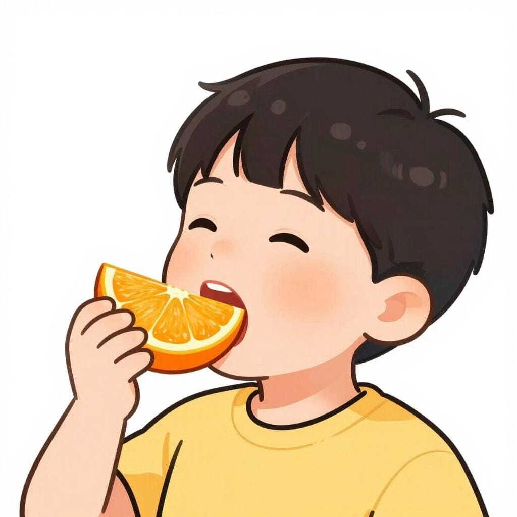 Un bambino che ingoia un frutto con espressione soddisfatta.