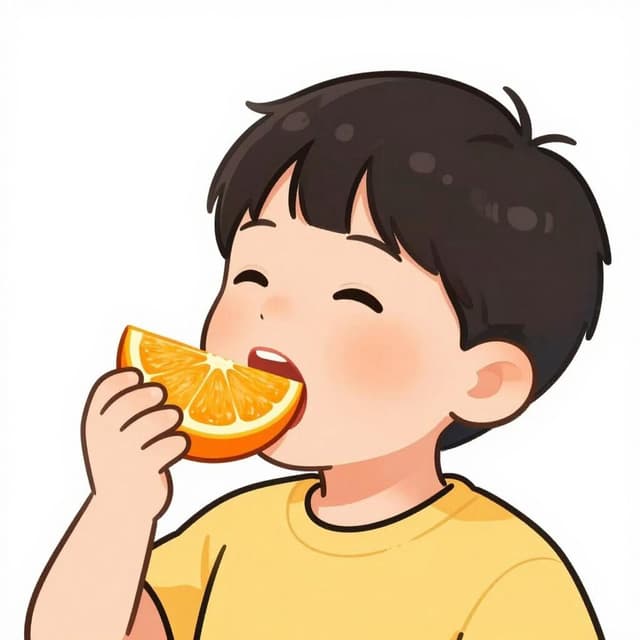 A child swallowing a piece of fruit with a satisfied expression.