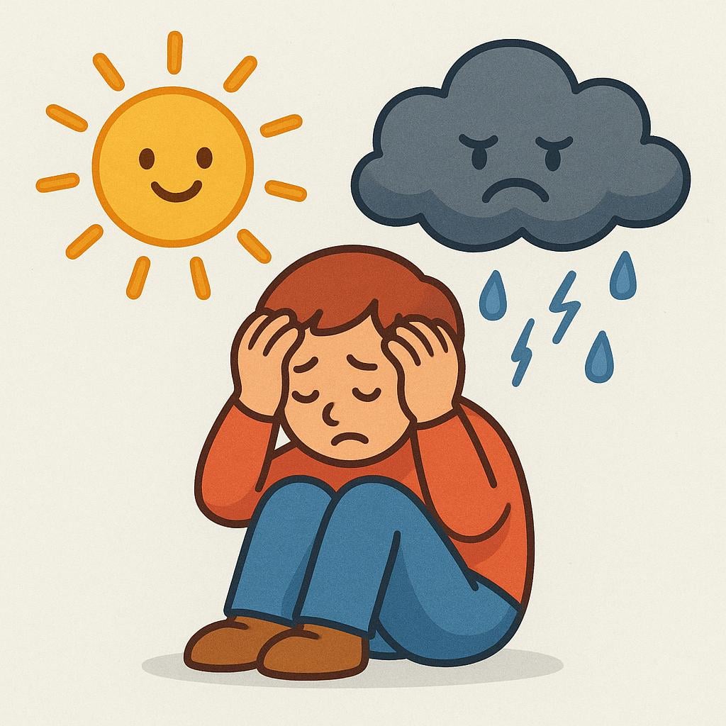 A simple cartoon figure sitting down and holding their head in frustration, with a bright sun on one side and a dark storm cloud on the other side of their head, symbolizing internal conflict.
