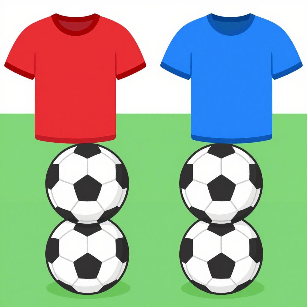 Two soccer jerseys, one red and one blue, hanging side-by-side with the score shown as two equal stacks of soccer balls.