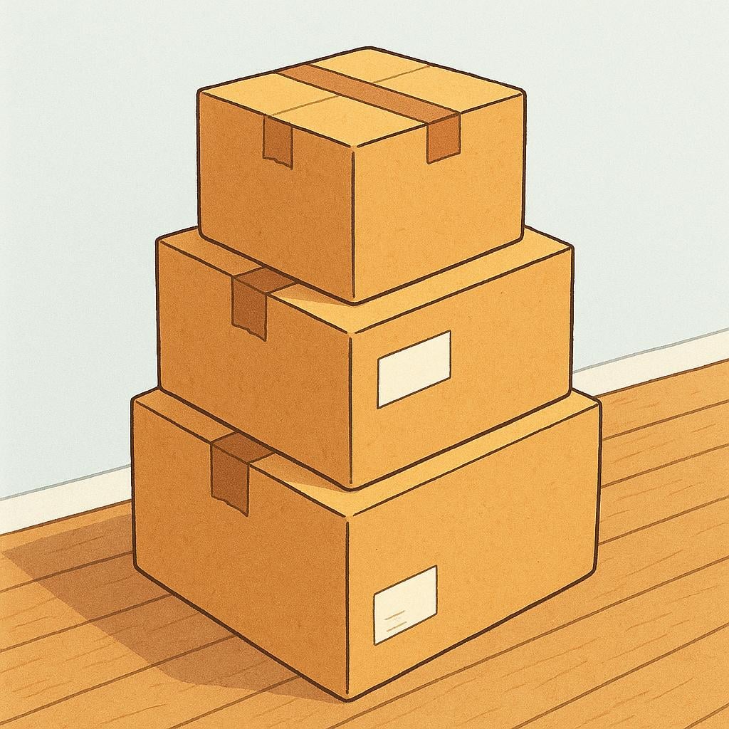 A stack of various sized cardboard boxes wrapped with brown tape and string.