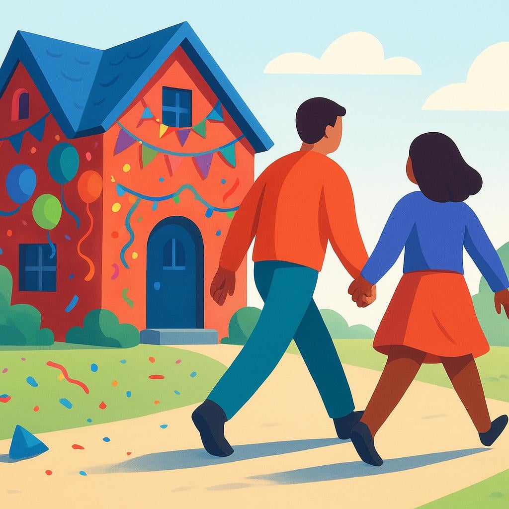 Two small, smiling figures, perhaps children or friends, holding hands and actively walking away from a colorful, inviting building, symbolizing the act of leaving a place.