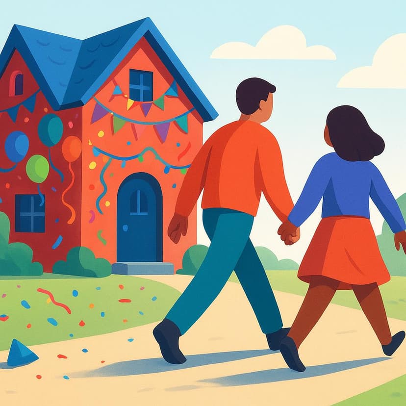 Two small, smiling figures, perhaps children or friends, holding hands and actively walking away from a colorful, inviting building, symbolizing the act of leaving a place.