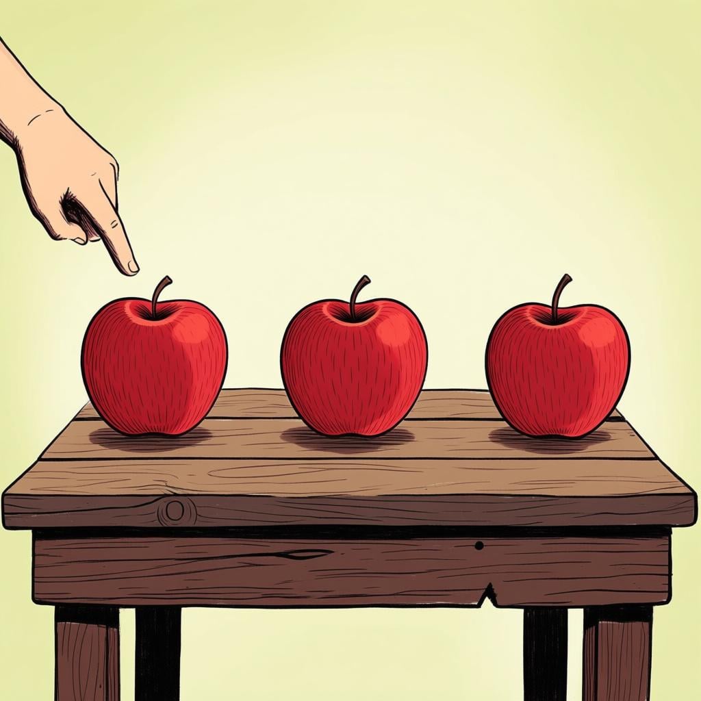 A hand pointing past the first item in a group of three identical items to select the second item, symbolizing 'the next one.'