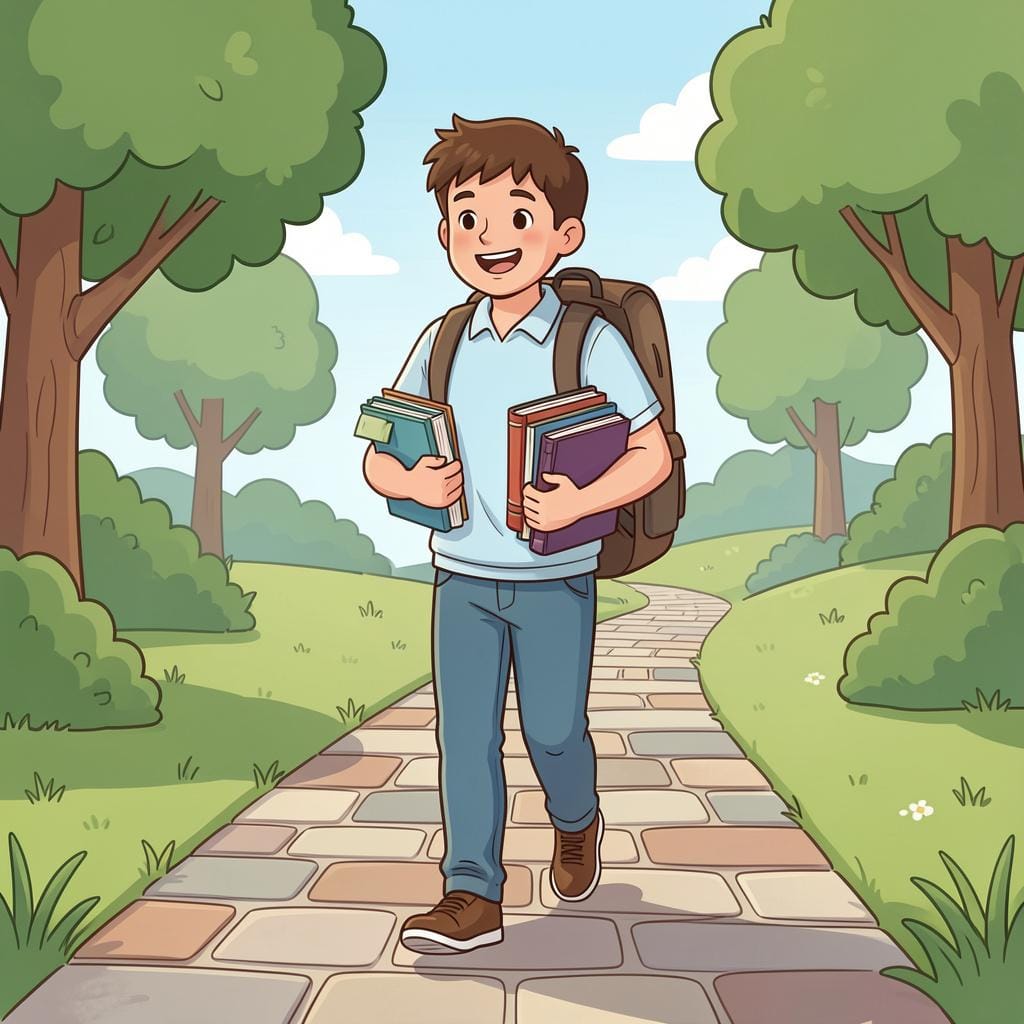 A young person carrying a stack of books and a backpack, walking on a campus path.