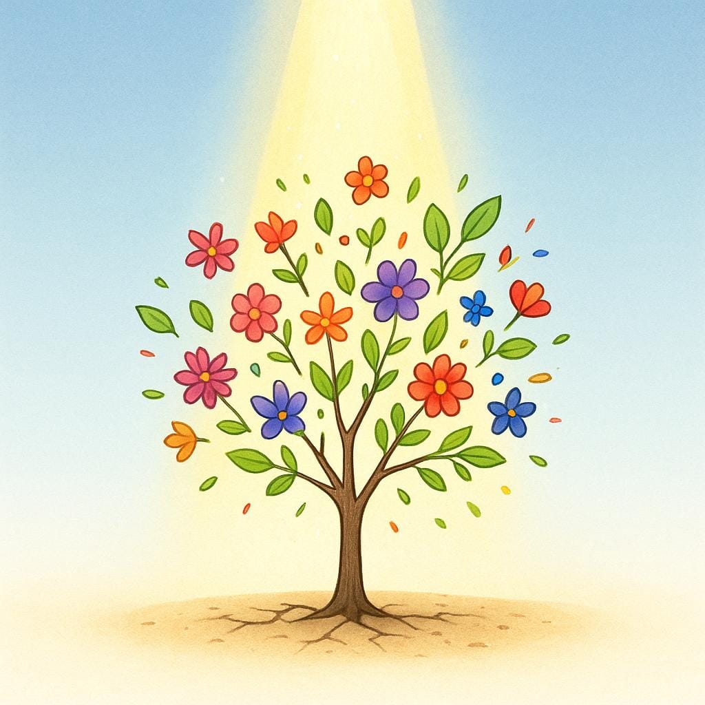 A small, dry, barren tree instantly bursting into vibrant, colorful bloom as a brilliant, ethereal light ray shines down upon it from the sky.