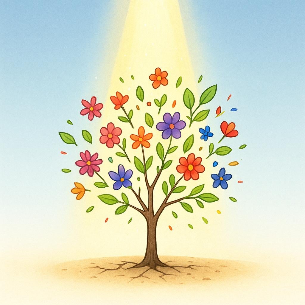 A small, dry, barren tree instantly bursting into vibrant, colorful bloom as a brilliant, ethereal light ray shines down upon it from the sky.