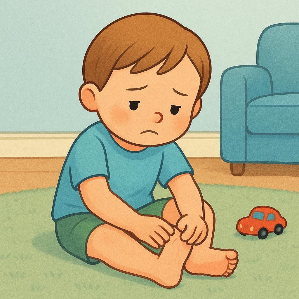 A storybook illustration of a young child sitting and gently holding their toe with a slightly pained expression, illustrating mild physical discomfort after stubbing it.