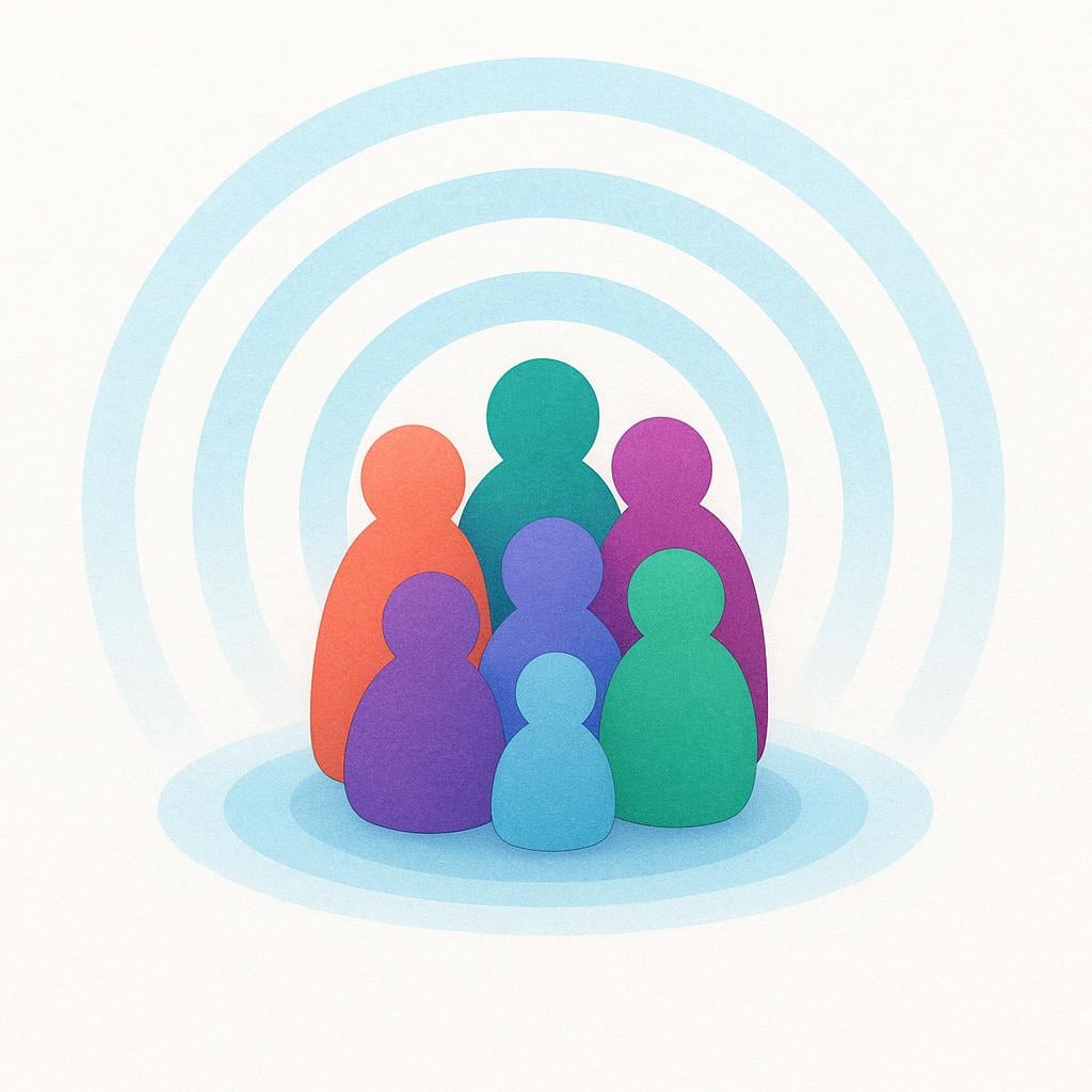 A group of abstract, colorful figures clustered together in a simple setting, with soft, continuous blue sound ripples gently flowing outwards from the center of the group, representing a collective low sound.