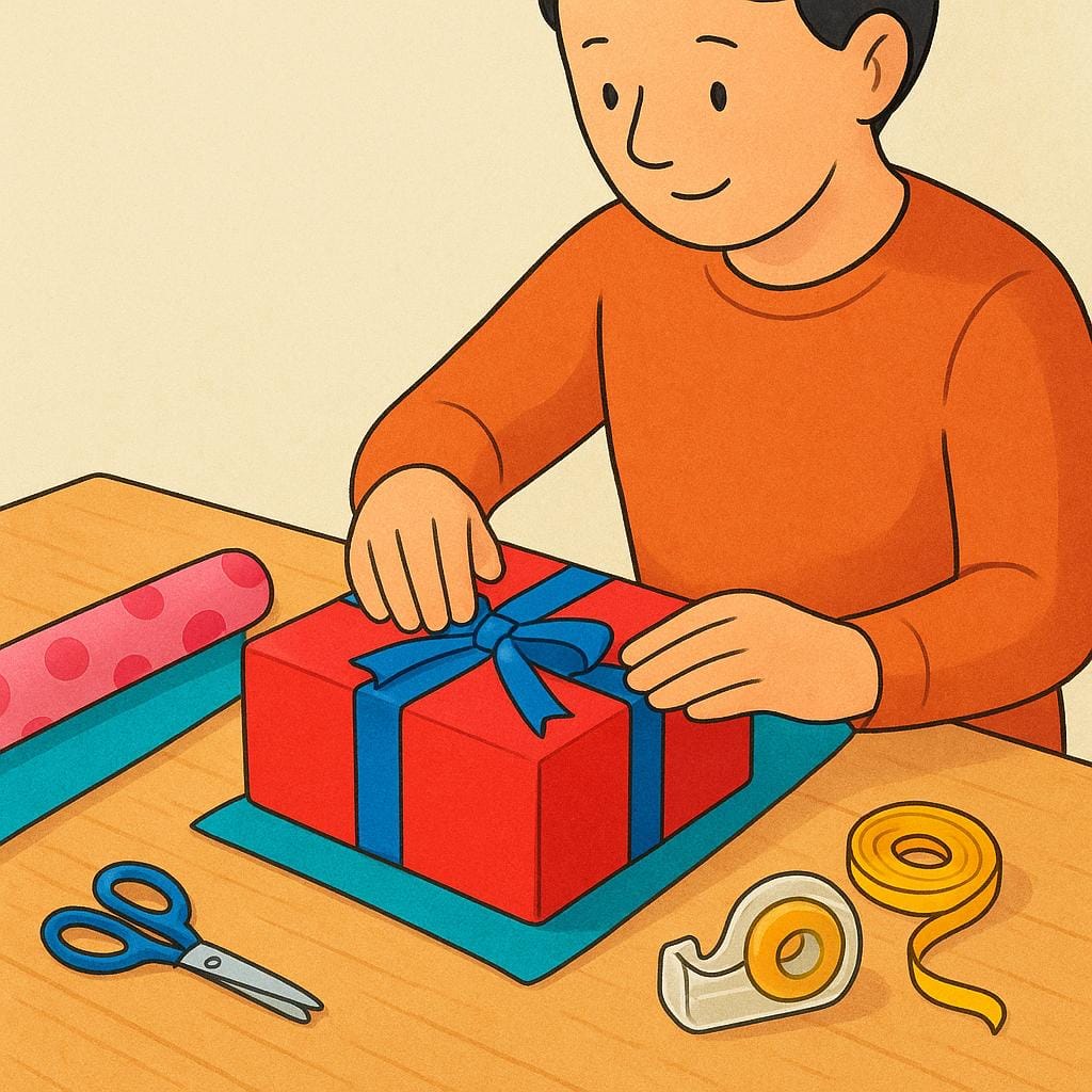 テーブルの上で、明るい赤いプレゼントの箱を黄色いリボンで丁寧に包んでいる手のカラフルな絵本のイラスト。誰かのために準備している様子を表しています。