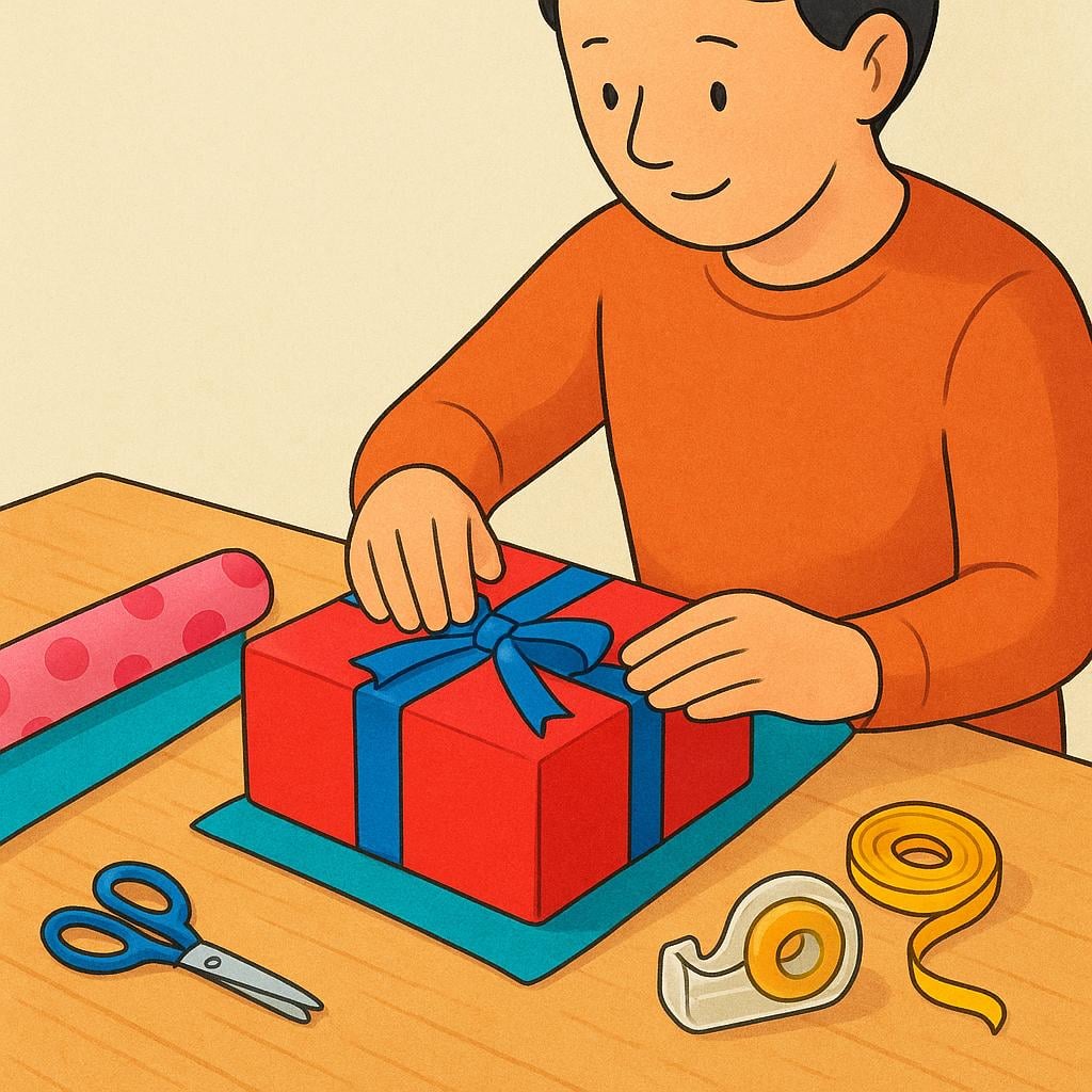 A colorful storybook illustration showing hands carefully wrapping a bright red gift box with a yellow ribbon on a table, representing preparation for someone.