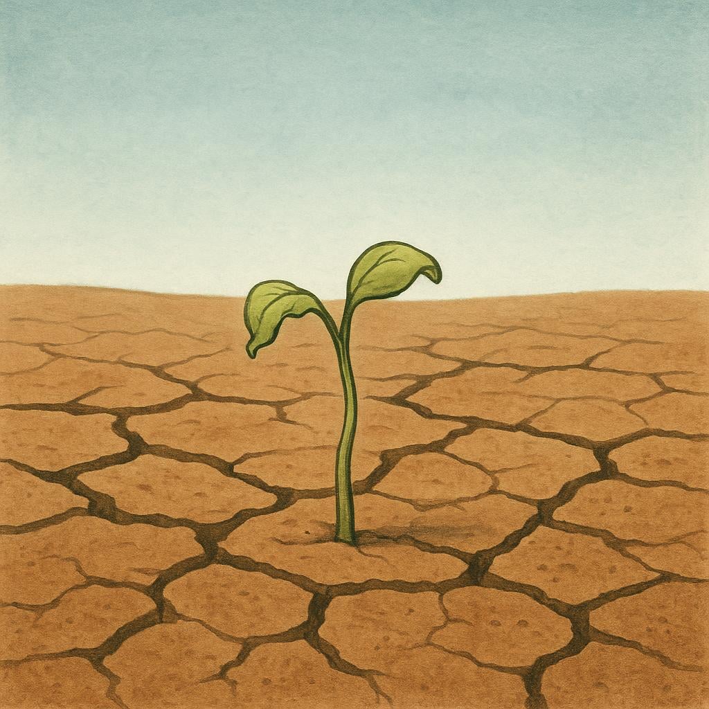 A small, weak, withered green plant struggling to grow alone in dry, cracked brown soil, illustrating meagerness or lack of substance.