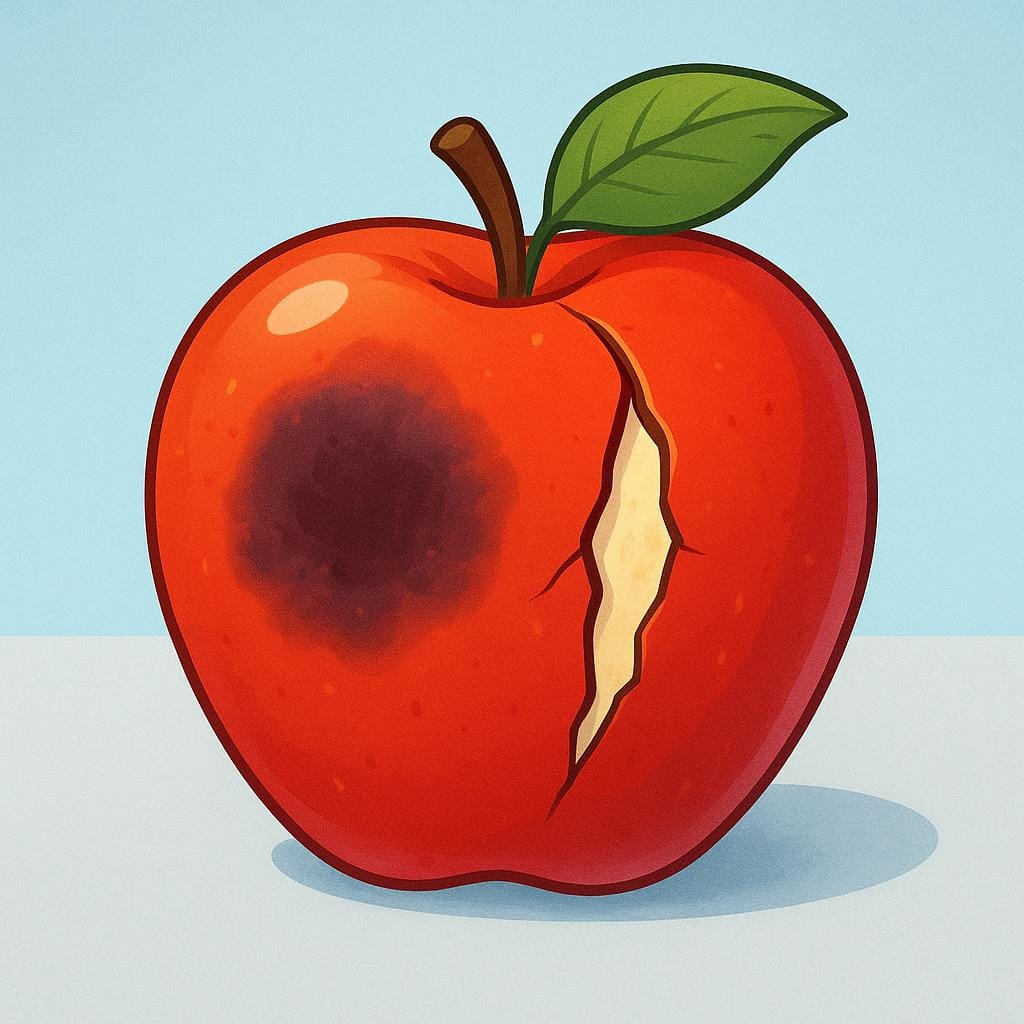 A bright red apple sitting on a surface, clearly showing a large, dark bruise and a visible crack on its skin, indicating damage.
