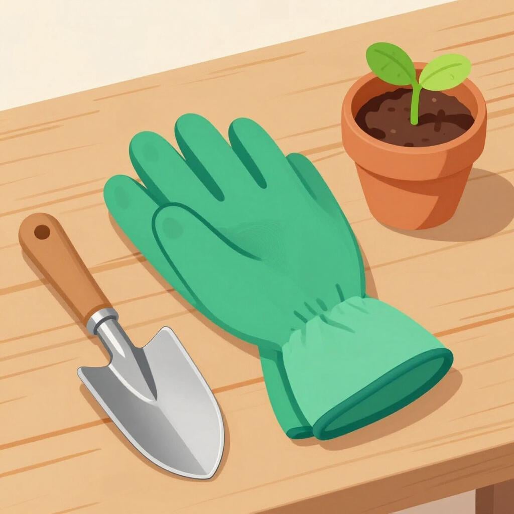 Un paio di robusti guanti da giardinaggio appoggiati accanto a una piccola cazzuola e una pianta in vaso.