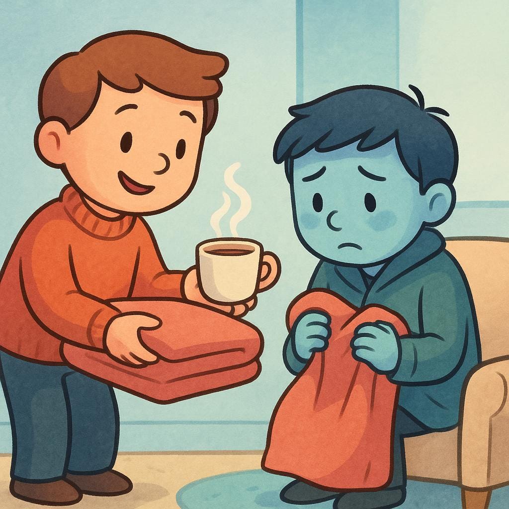 One character is kindly giving a warm blanket and a cup of tea to another character, illustrating positive treatment.
