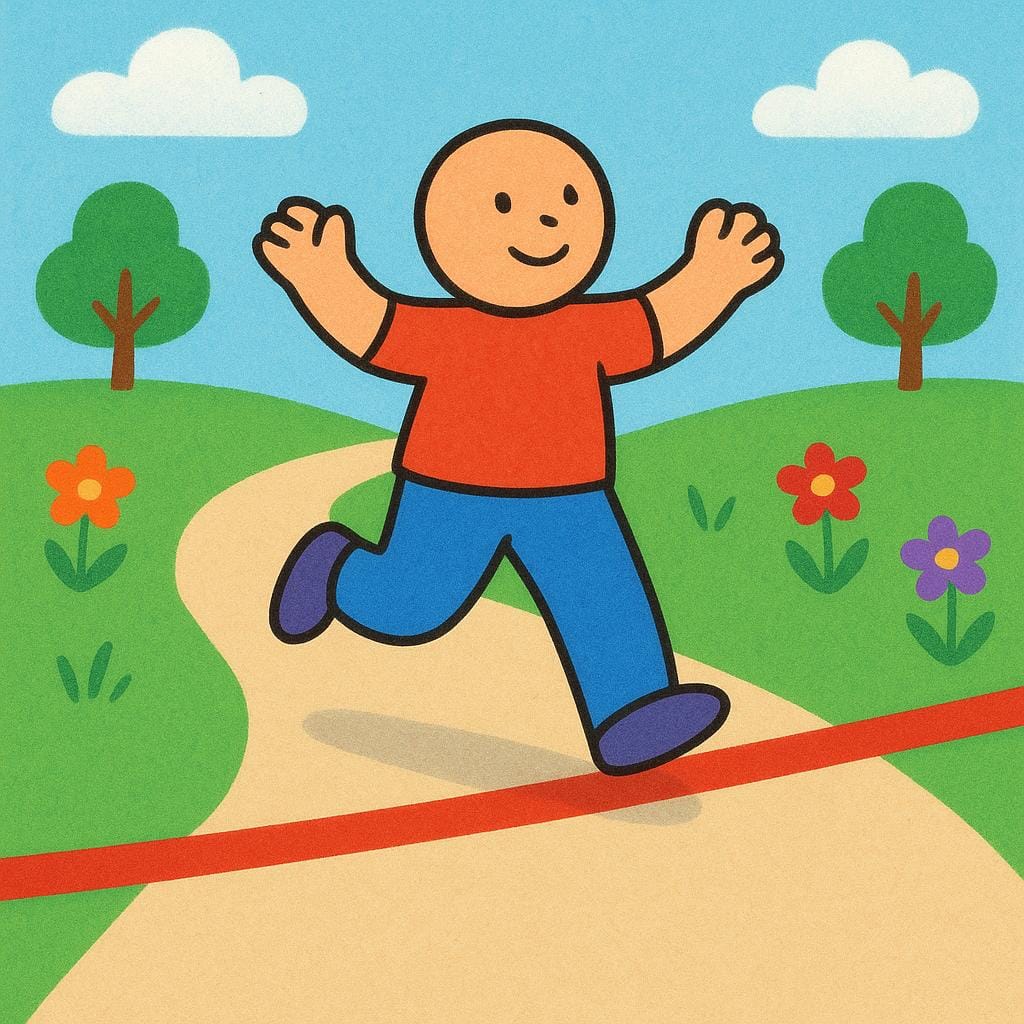 A cartoon figure successfully stepping over a white finish line painted on a road, symbolizing movement across a boundary.