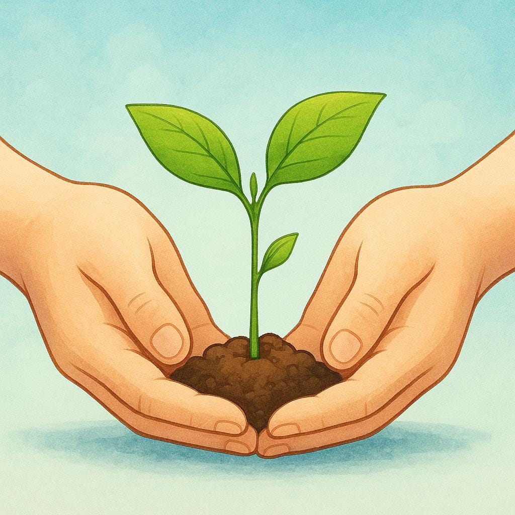 Due grandi mani semplici tengono delicatamente e proteggono un piccolo e fragile germoglio verde che cresce dal terreno, illustrando attenzione scrupolosa a una questione specifica.