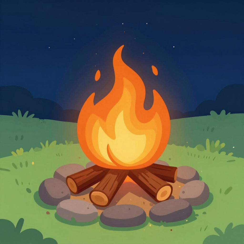 A small campfire with orange and yellow flames burning on a few wooden logs, surrounded by a ring of grey stones in a grassy outdoor setting.