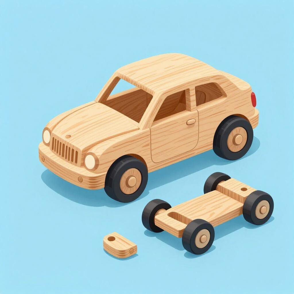 A wooden toy car separated into its individual pieces like wheels, chassis, and axles on a clean surface.