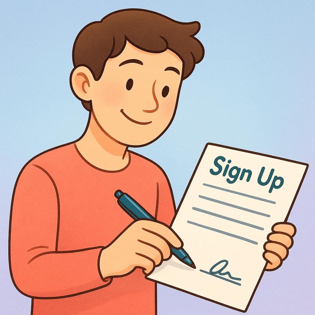 A smiling person holding a pen ready to sign a paper form.