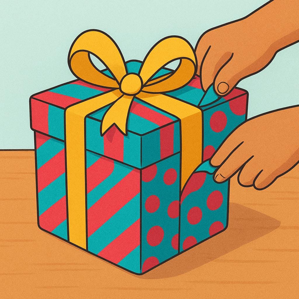 A brightly colored, wrapped present, tied with a yellow bow, sitting on a table while a pair of hands begins to tear the wrapping paper, symbolizing an event starting.