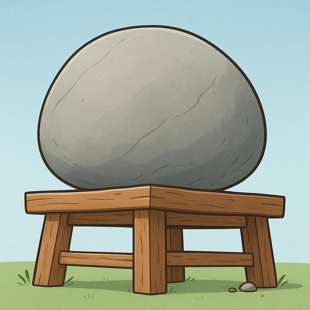 A massive, gray, smooth boulder resting heavily on a slightly bending wooden platform, illustrating extreme weight.